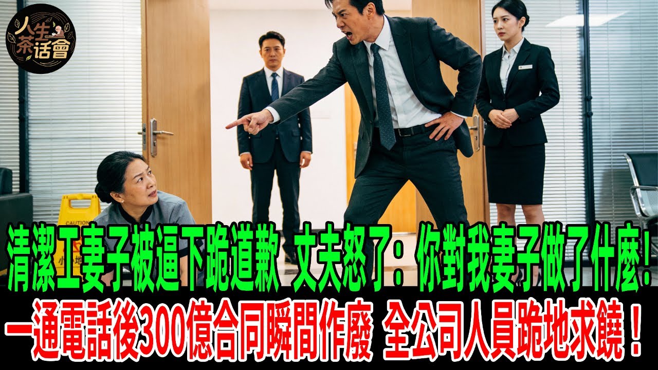 清潔工妻子被逼下跪道歉，丈夫怒了：你對我妻子做了什麼！一通電話後300億合同瞬間作廢，全公司人員跪地求饒！【人生茶話會】#情感故事 #老年生活 #人生感悟 #情感共鸣 #故事分享 #故事#原創