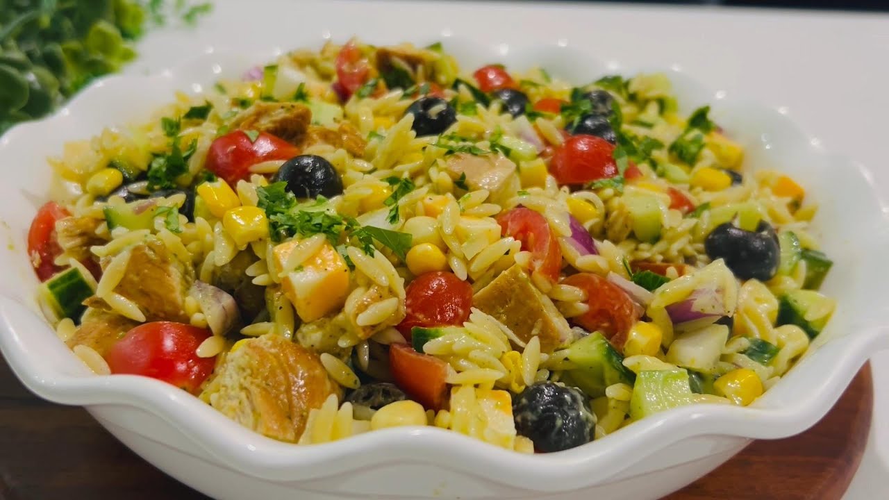 ORZO Chicken Salad  with homemade Avocado sauce ..Healthy salad