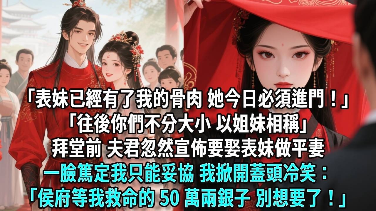 「表妹已經有了我的骨肉，她今日必須進門！往後你們不分大小，以姐妹相稱」拜堂前夫君忽然宣佈要娶表妹做平妻，一臉篤定我只能妥協。我一把掀開蓋頭冷笑：「侯府等我救命的 50 萬兩銀子，別想要了！」