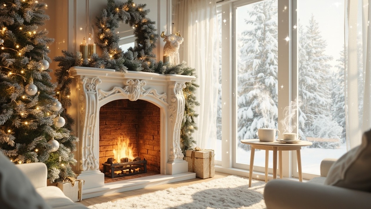 Winter Morning Fireplace: Soft Piano & Gentle Crackling - Cozy Christmas Cabin Ambience