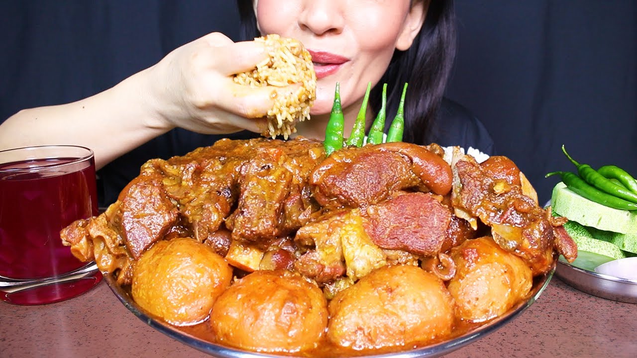 Eating Spicy Mutton Curry/gravy and Spicy Aloo Curry with Basmati Rice #ASMR/EATING SHOW #MUKBANG