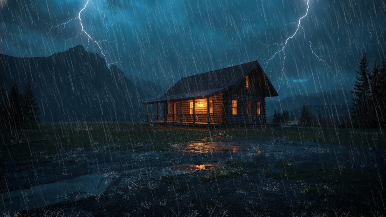 Heavy Rain & Thunderstorm at a Mountain Cabin 🌧️⚡ Cozy Storm Night for Deep Sleep