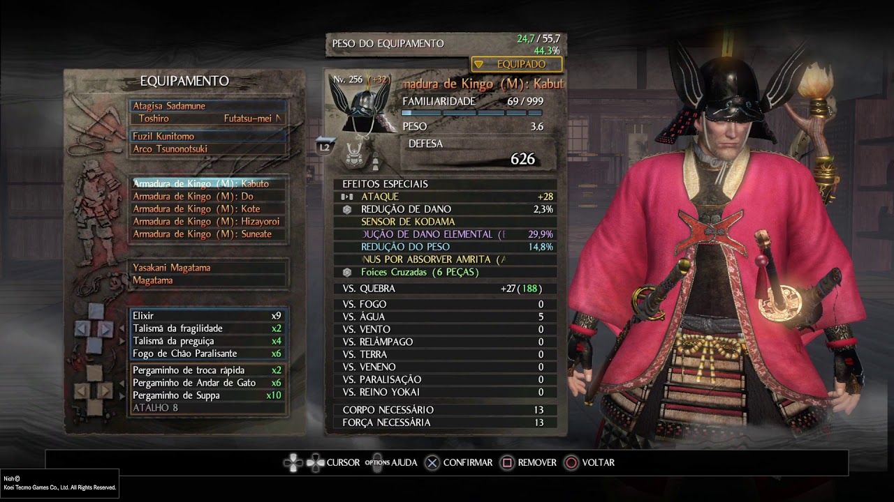 Nioh aos iniciantes.Atributos Bônus conjunto Kingo, e BUILD Kingo com Espachim 100% montada(Etérea).
