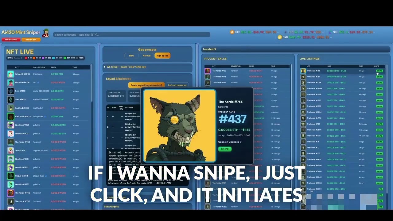 NFT Sniper Bot 2026: Sniper + Mass Mint + Wallet Split + Mass wallet generator!