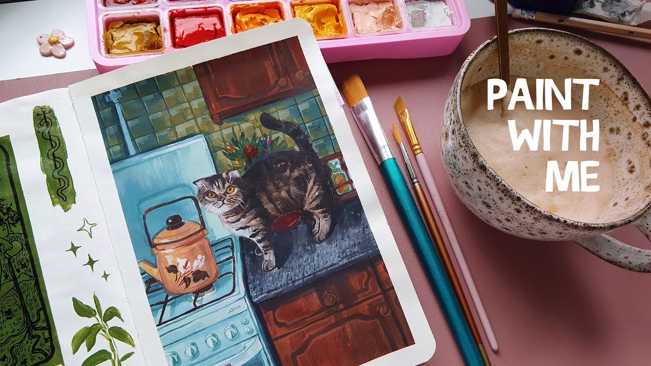 Painting an Old Cottage Kitchen with a Cat // HIMI Jelly Gouache set // Studio Ghibli Style