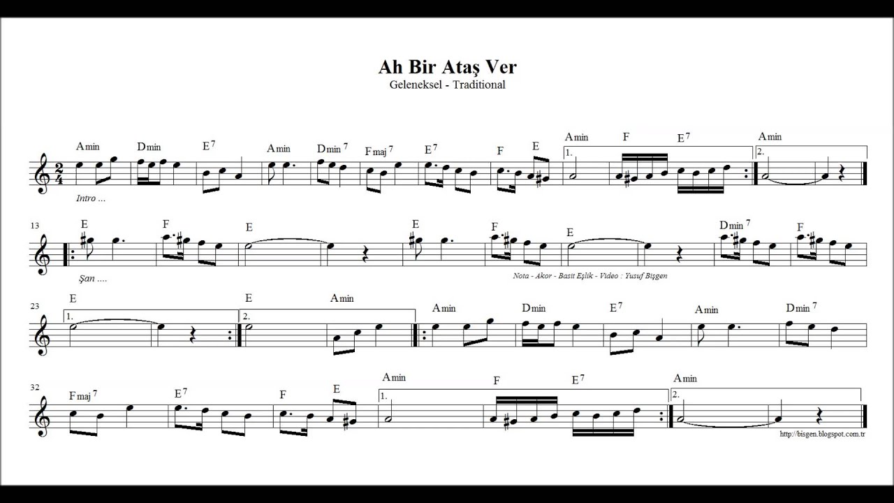 Ah Bir Ataş Ver ( La ) - Nota Akor Eşlik