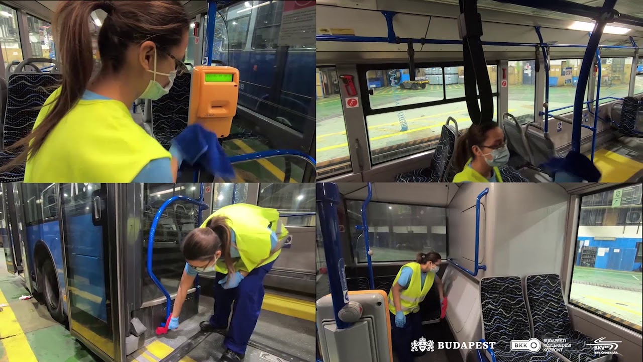 Buszok fertőtlenítése az Óbudai buszgarázsban
