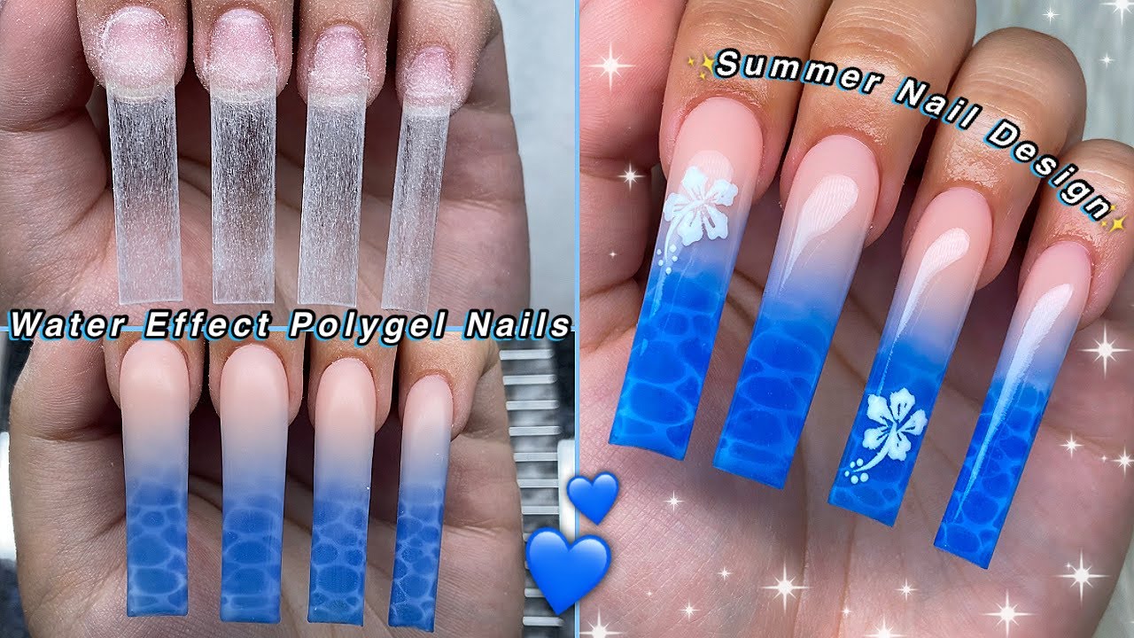 WATER EFFECT POLYGEL NAILS💙 EASY WATER EFFECT NAIL ART & SUMMER NAIL DESIGN! | Nail Tutorial