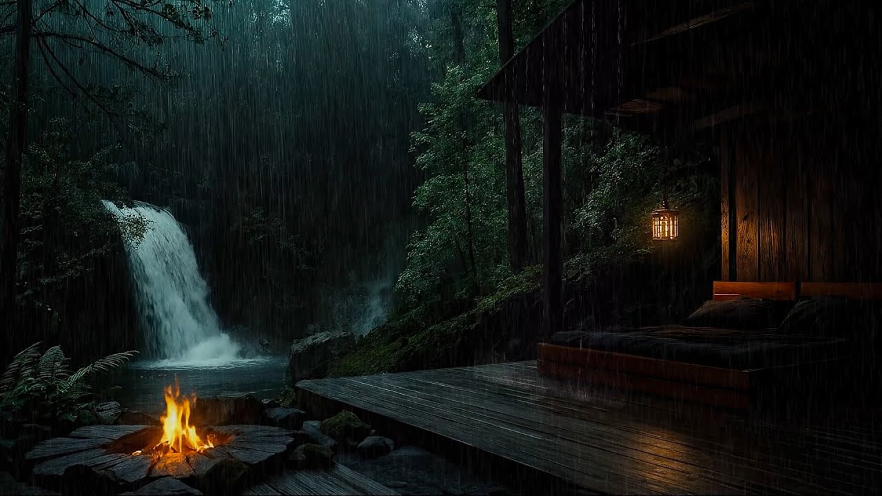 Sleeping by a Tropical Waterfall in the Rain ⛈️ Cozy Fireplace Ambience for Relaxation
