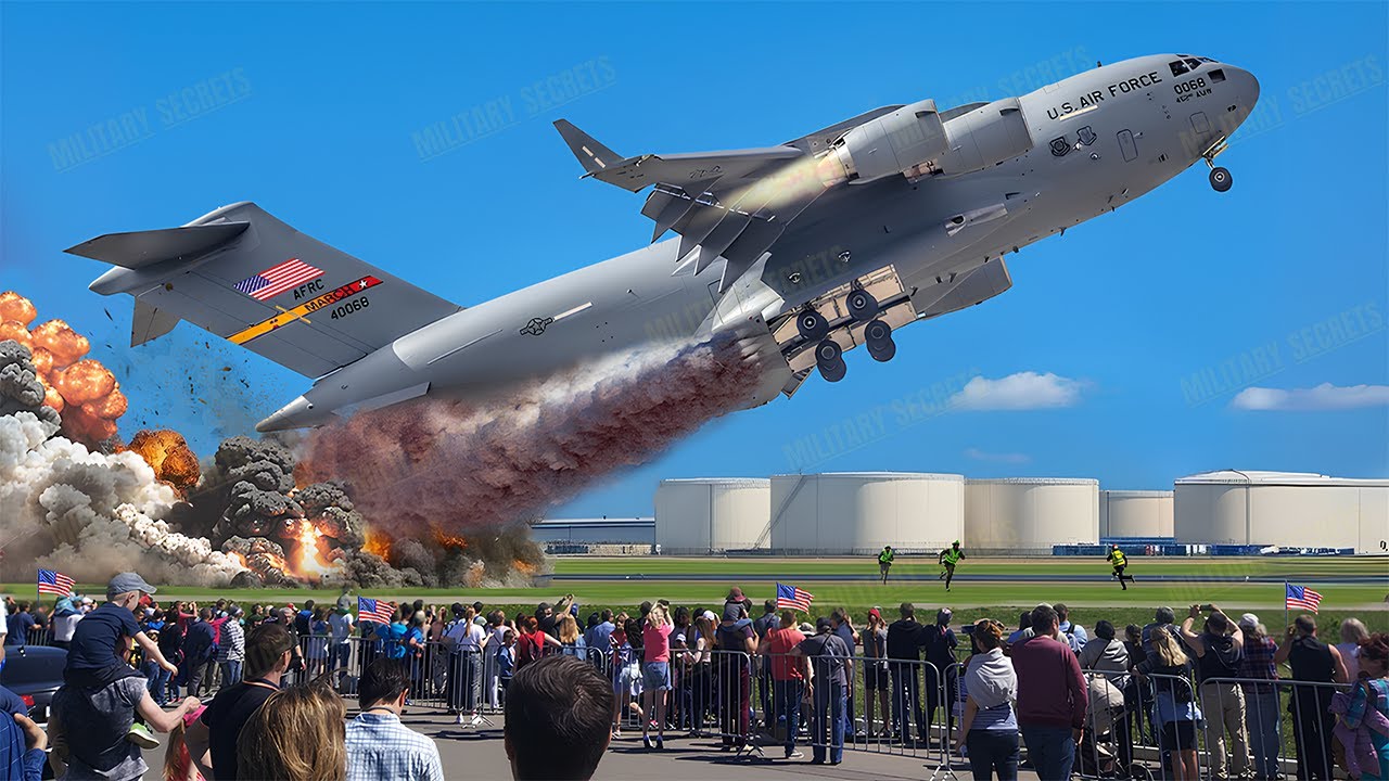 Женский экипаж пилота самолета C-17 ВВС США взлетает в экстренном порядке, направляясь на Ближний