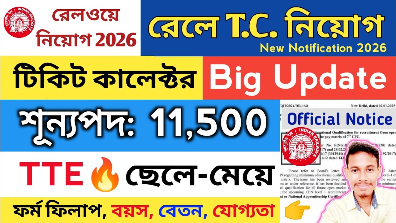 রেলওয়ে TTE নতুন নিয়োগ 2026 | Railway Ticket Collector Recruitment 2026 | RRB TTE New Vacancy 2026 