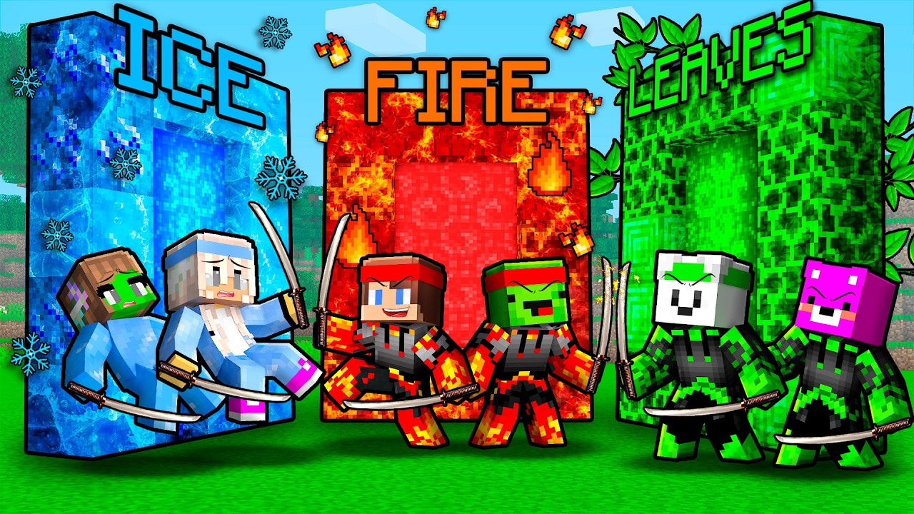 JJ and Mikey vs Wives vs Carrie and Pinky: ELEMENTAL NINJA PORTAL BATTLE In Minecraft - Maizen