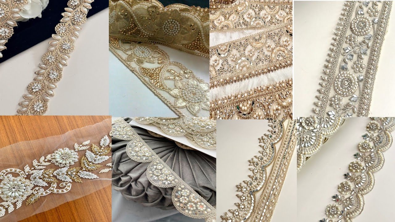 Exquisite pearl embellished floral border Lace with vintage look glass beads🔥🔥Neck applique patterns
