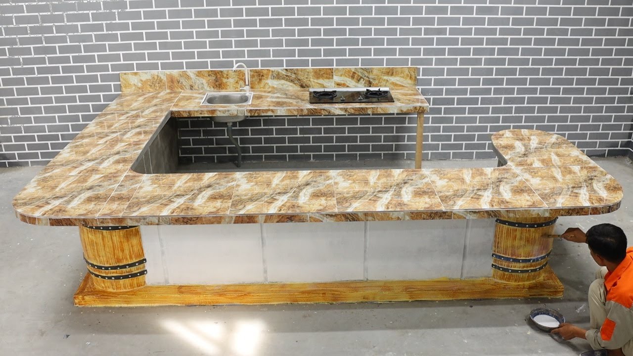 How To Building and Install Kitchen Table Open With Ceramic Tiles Fake Stone Gold