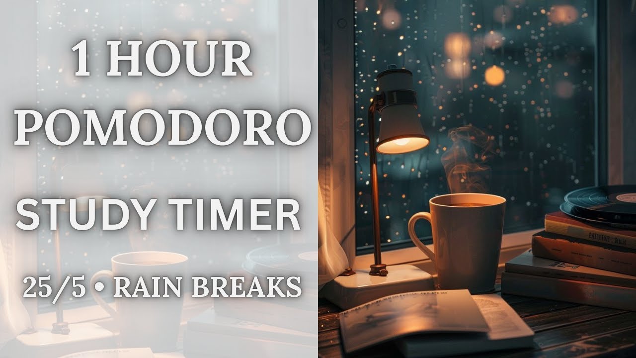 1 Hour Pomodoro Study Timer | 25/5 Focus Music + Rainy Calm Breaks 🌧️📚