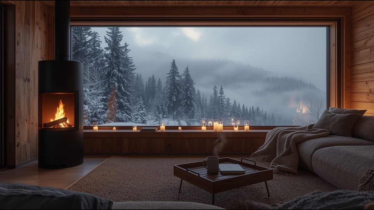 Snowy On Window & Fireplace Crackles in Cozy Living Room Ambience ❄️Gentle Piano for Calm and Relax