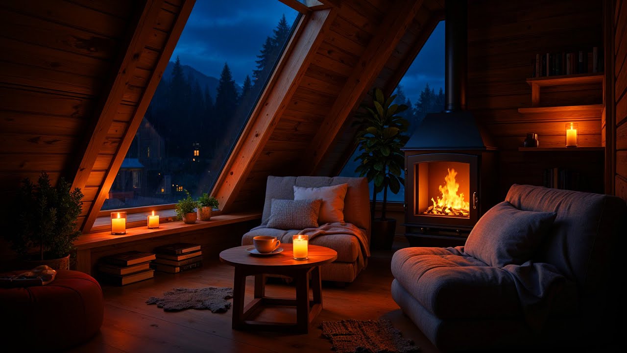 Fall Asleep Instantly | Healing Rain & Piano, Crackling Fireplace in Cozy Room for Deep Sleep Relief