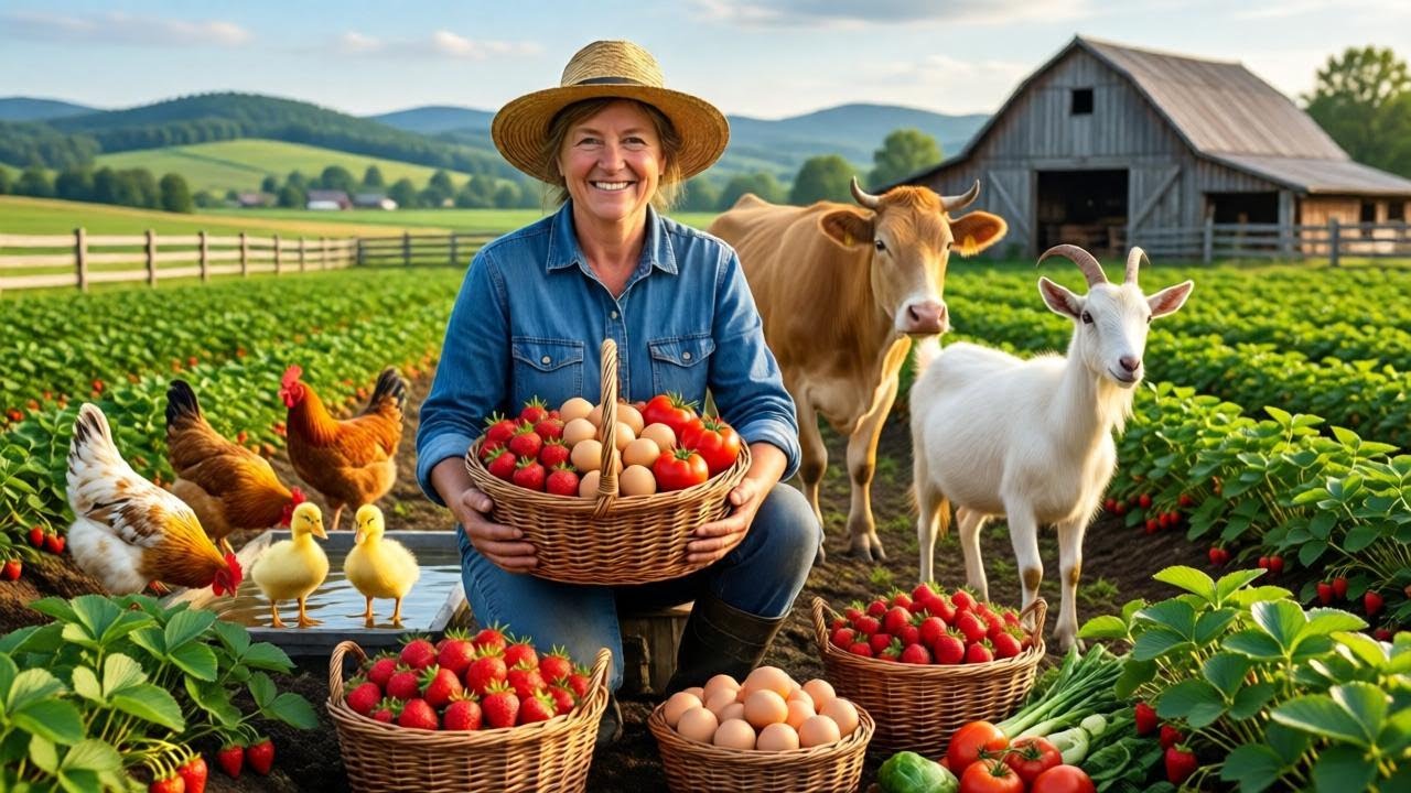 Peaceful Countryside Farm Life – Strawberry Harvest, Egg Collecting & Livestock Care