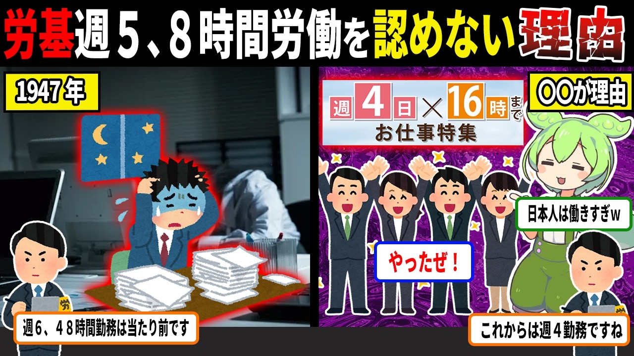 労基「週５、8時間労働は普通ではありません」その理由とは・・・【ずんだもん＆ゆっくり解説】