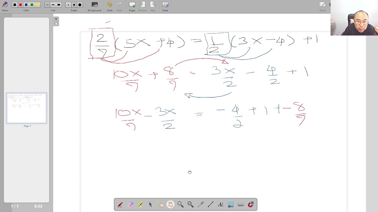 การแก้โจทย์การบ้าน [ 2/7(5x+4) = 1/2 (3x-4)+1] วิธีที่ 1 โดยการเอาเศษส่วนคูณเข้าไปในวงเล็บ