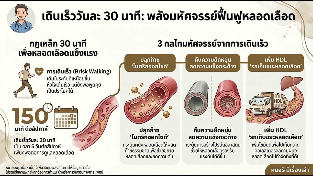 การเดินเร็ววันละ 30 นาที เปลี่ยนสุขภาพหลอดเลือดได้อย่างไร