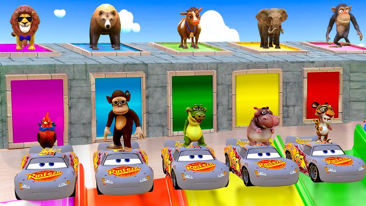 Long Slide Game with Car & Lion Bear Cow Elephant Monkey 3d Animal Game Funny 3d Animals