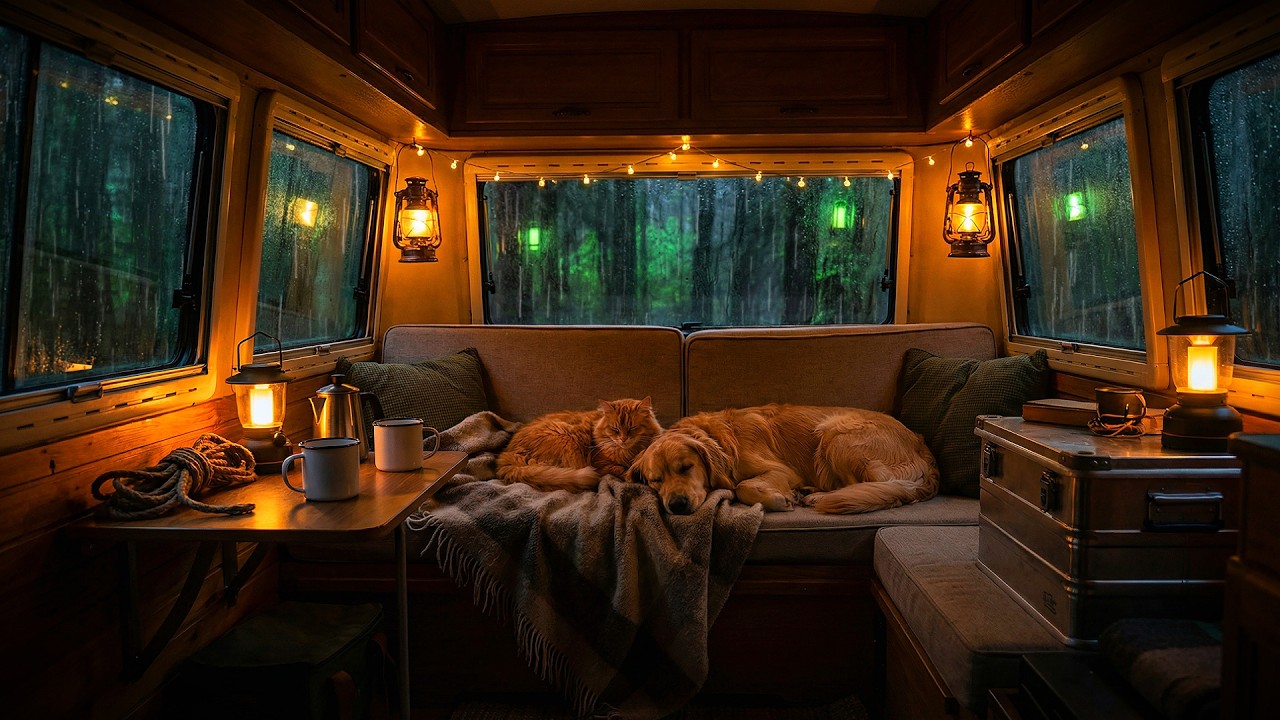 Golden Rainy Night Inside Camper Van ⛈️ (BGM) Cozy Forest Storm Sounds for Deep Sleep 4K