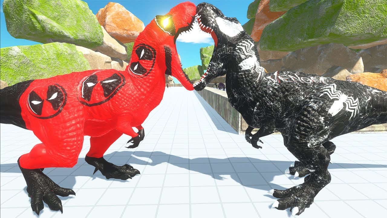 DEADPOOL VS VENOM T REX MOUNTAIN DEATH RUN: WHO WOULD WIN ? - Animal Revolt Battle Simulator