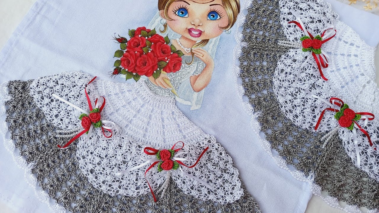 SAIA DE CROCHÊ PARA BONECA PINTADA NO PANO DE PRATO - NOIVINHA 🌹