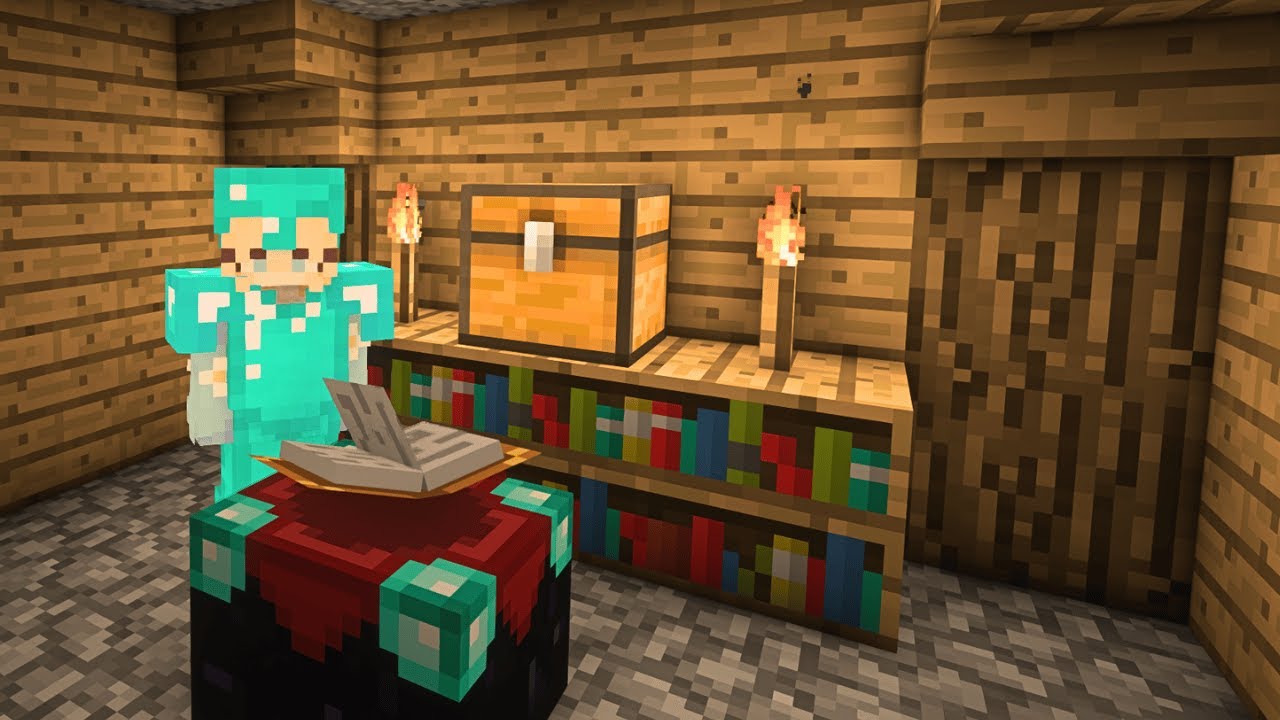Строю комнату с сундуками и занимаюсь зачарованием в Minecraft, как будто сейчас 2016 год.
