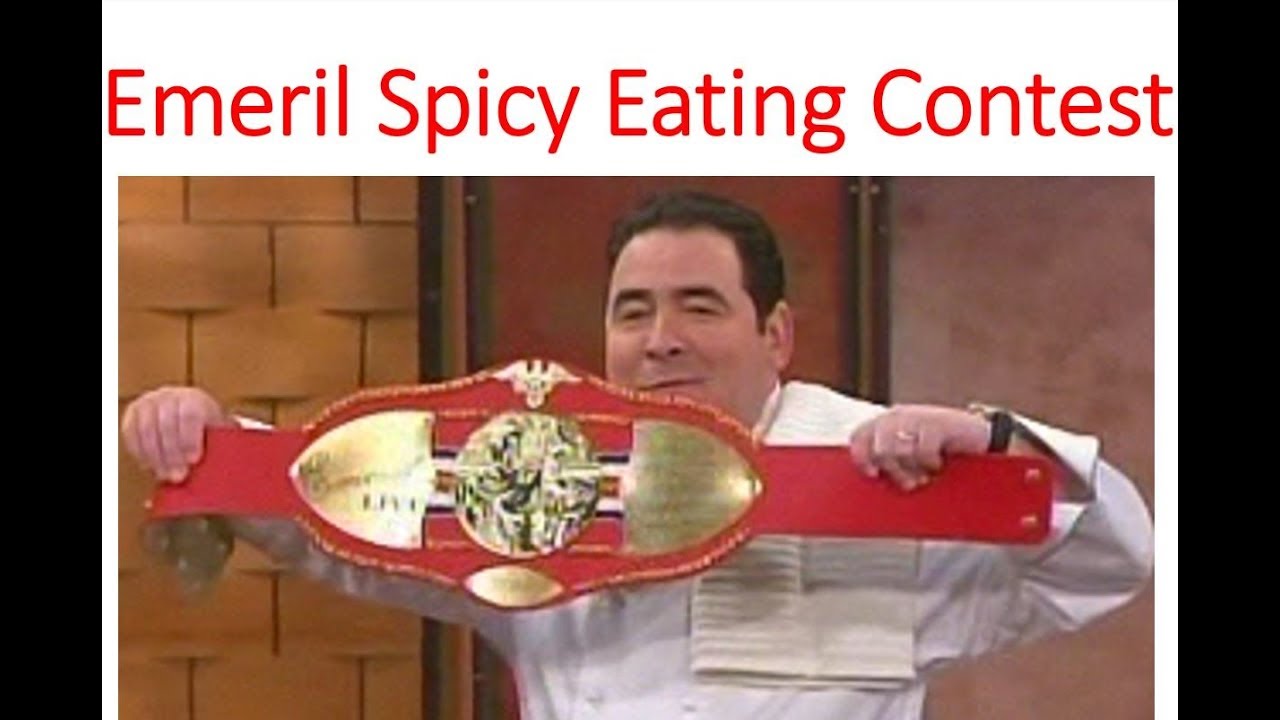 Hot foods eating contests on Emeril including shots of straight hot sauce