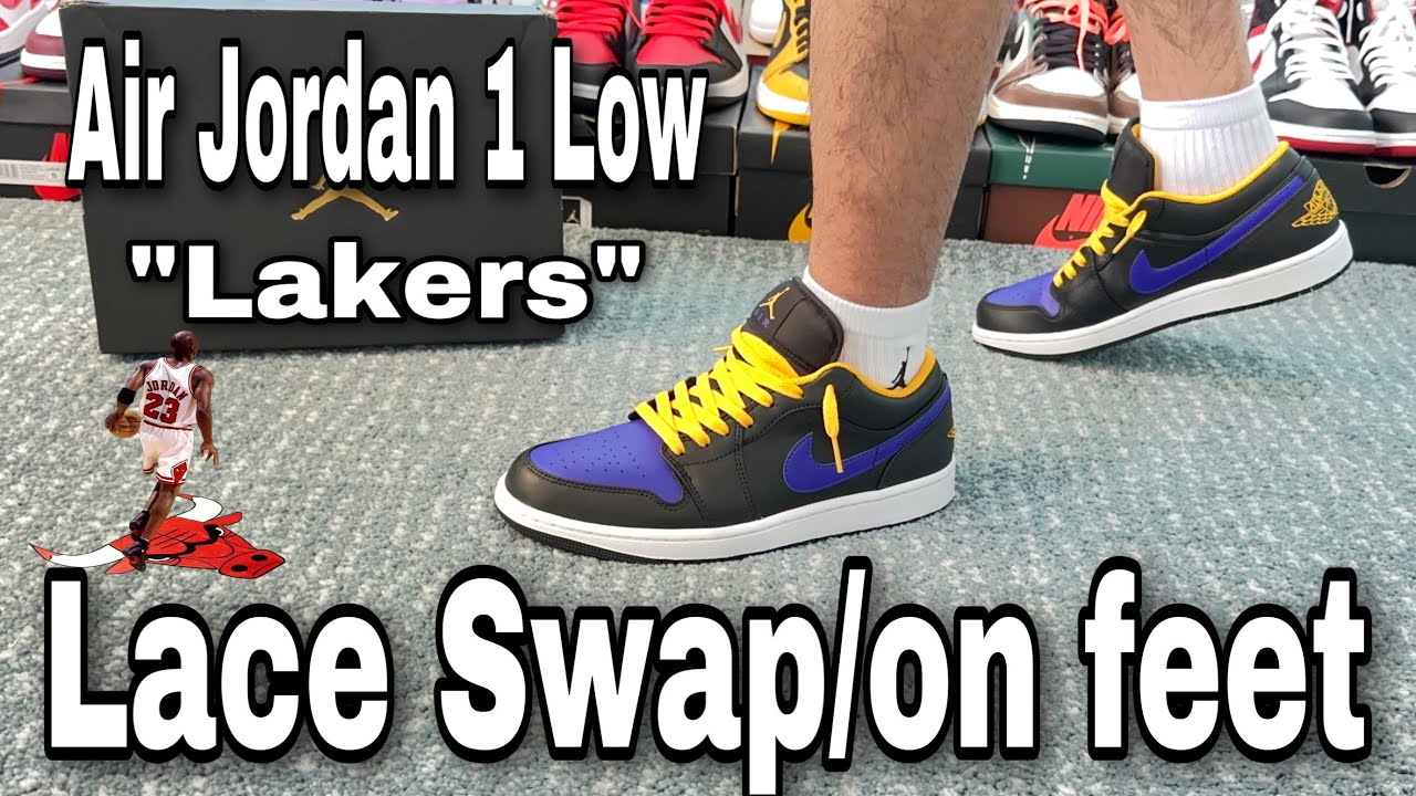 AIR JORDAN 1 LOW LAKERS LACE SWAP|ON FEET