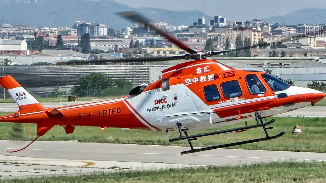 Leonardo AW109 Trekker helicopter departing from Sabadell Airport