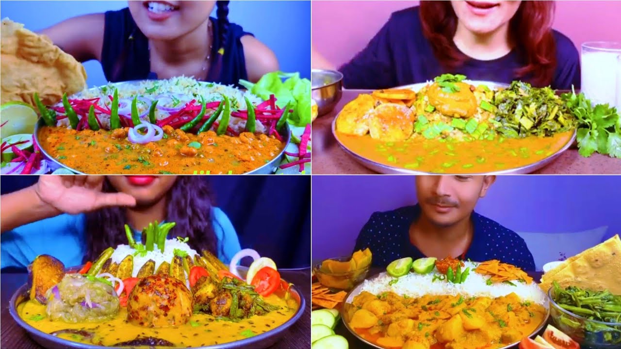Asmr Eating Spicy Dal Chawal Aloo Tamatar ki Sobji Ghugni Aloo Bharta Saag Bhaji 🔥😋Dal Chawal Eating