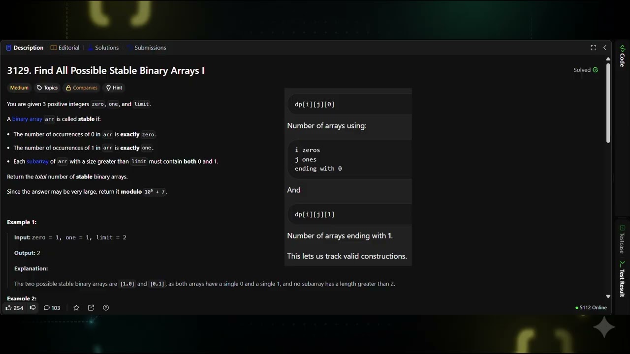 LeetCode 3129 Explained | Find All Possible Stable Binary Arrays I | Python