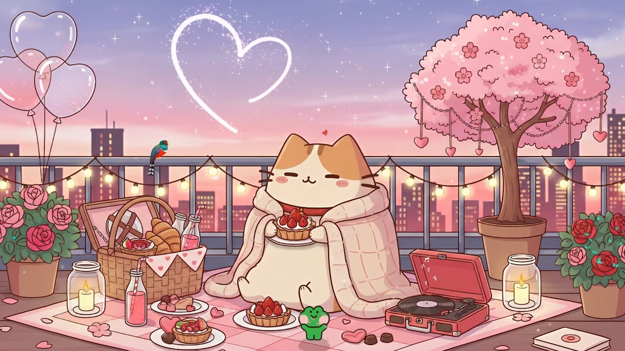 Rooftop Picnic at Sunset with Milky's Cat 🍓 Valentine's Lofi Mix 💝 Relaxing Music for Love