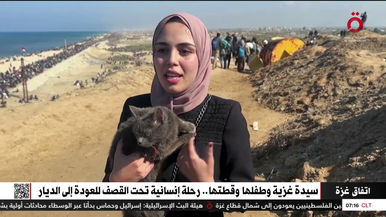 سيدة غزية وطفلها وقطتها.. رحلة إنسانية تحت القصف للعودة إلى الديار