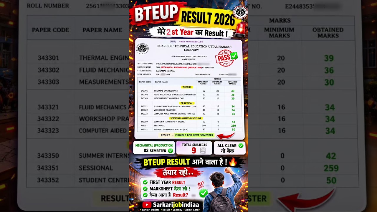 BTEUP 2nd Year Original Marksheet 📄 | Result 2026 #bteup