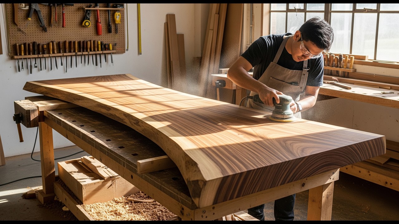Young Genius Makes Solid Dining Table FROM a Large Slab of Acacia Wood