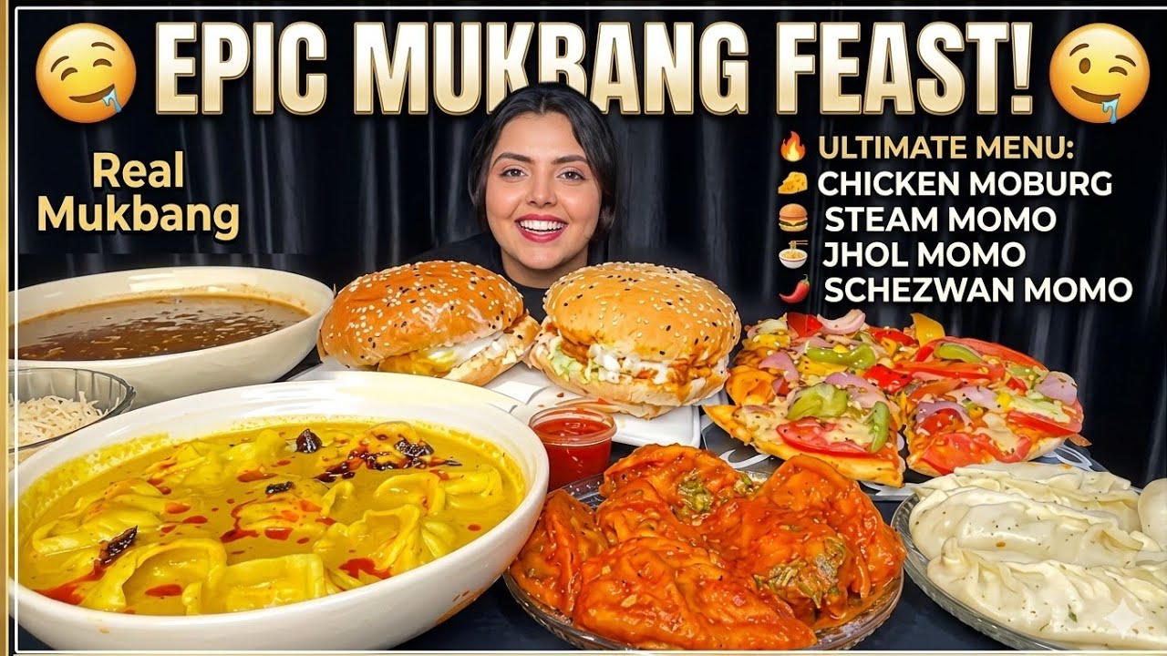 Eating Cheese Corn Pizza, Chicken Steam Momo, jhol Momo, Schezwan Momo, Chicken Moburg | ASMR 