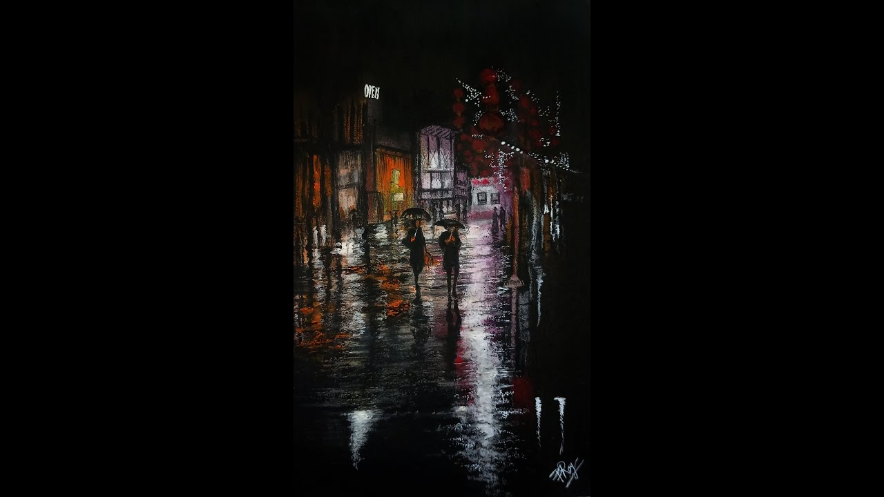 How to Draw|Rainy Night on Black Paper|Oil Pastel Drawing|English|Tutorial|Beginners