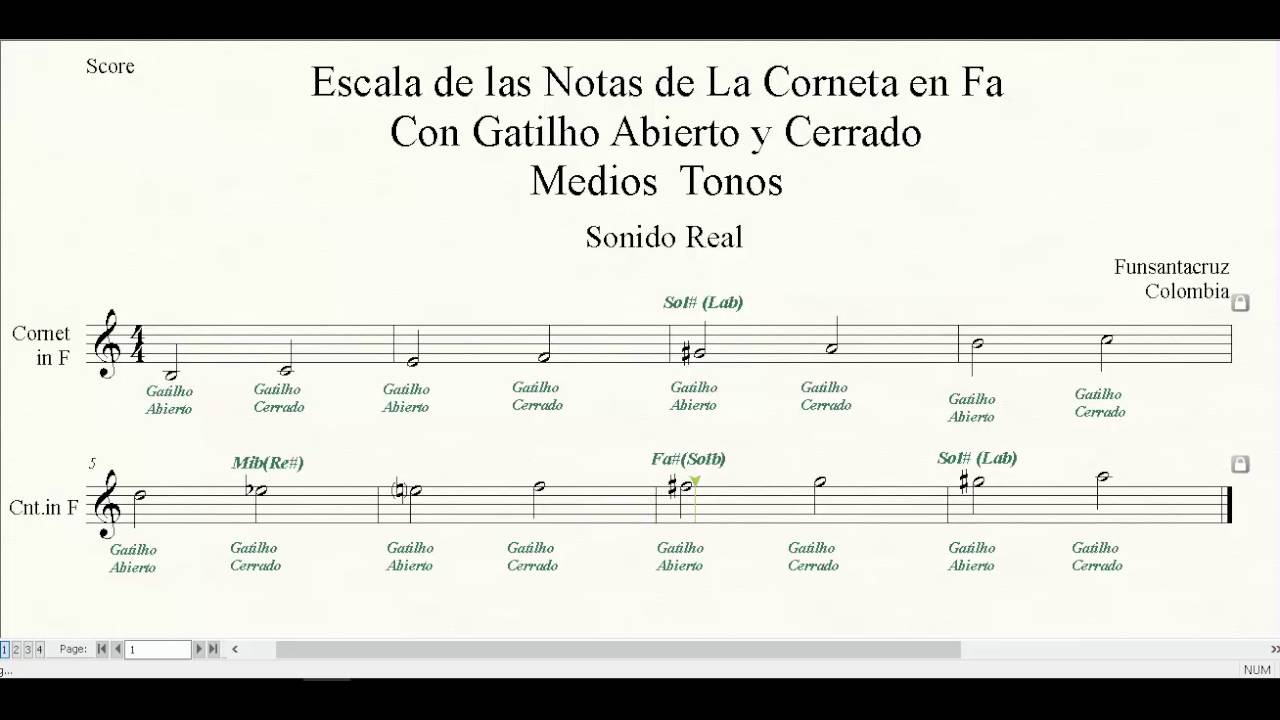Escala de Las Notas Corneta en F con Gatilho Medios Tonos