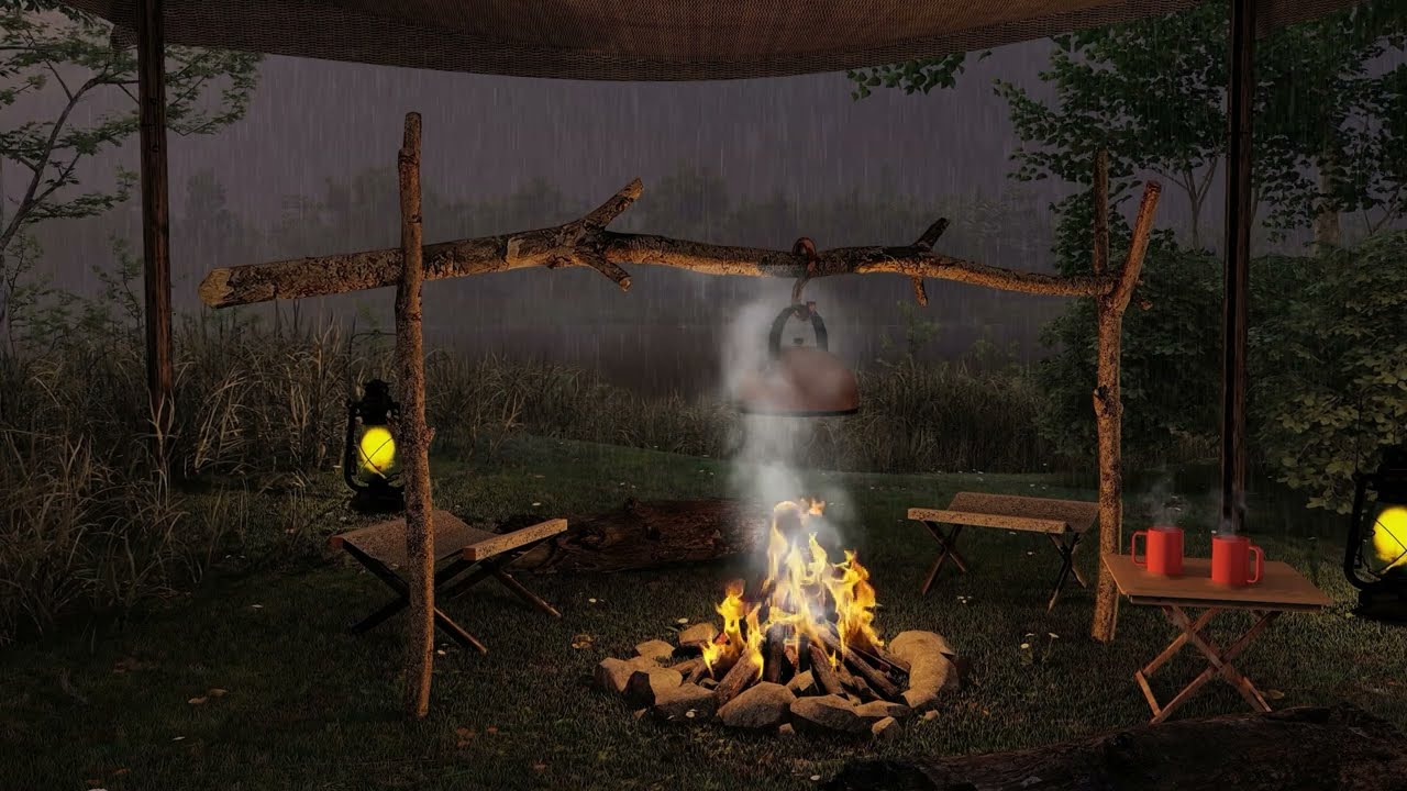 Enjoy Camping by the Foggy Lake in the Rain | Crackling Campfire & Rain Sounds 8 Hours |Rain on tent