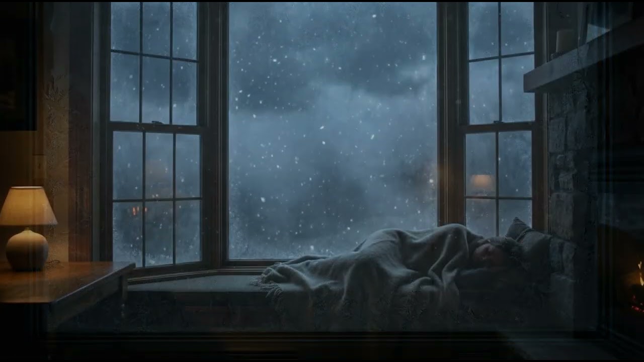 1 Hour Deep Sleep Music 🌙 Snowy Night Window Ambient | HoursSilent