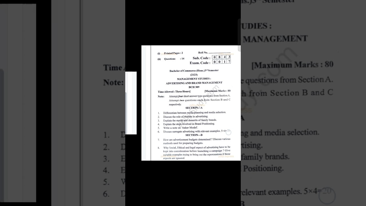 Management studies- Advertisement&brand management bcom 3 sem question paper 2023 #managementstudies