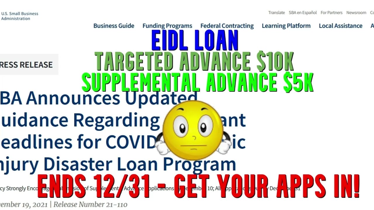 😟Ends December 31 SBA EIDL Loan Program Targeted Advance 💲10000 Supplemental Grant 💲5000 Apply NOW