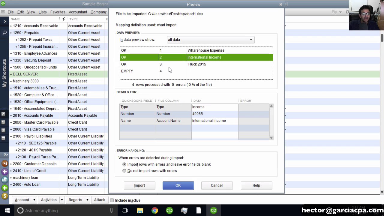 Importing accounts from excel spreadsheet into QuickBooks chart of accounts