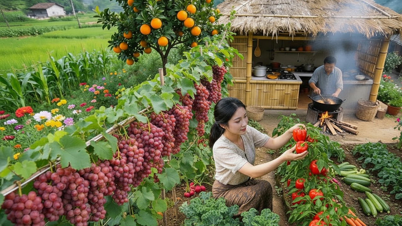 Peaceful Country Life: Gardening, Harvesting Fresh Ingredients, and Cooking a Country Meal