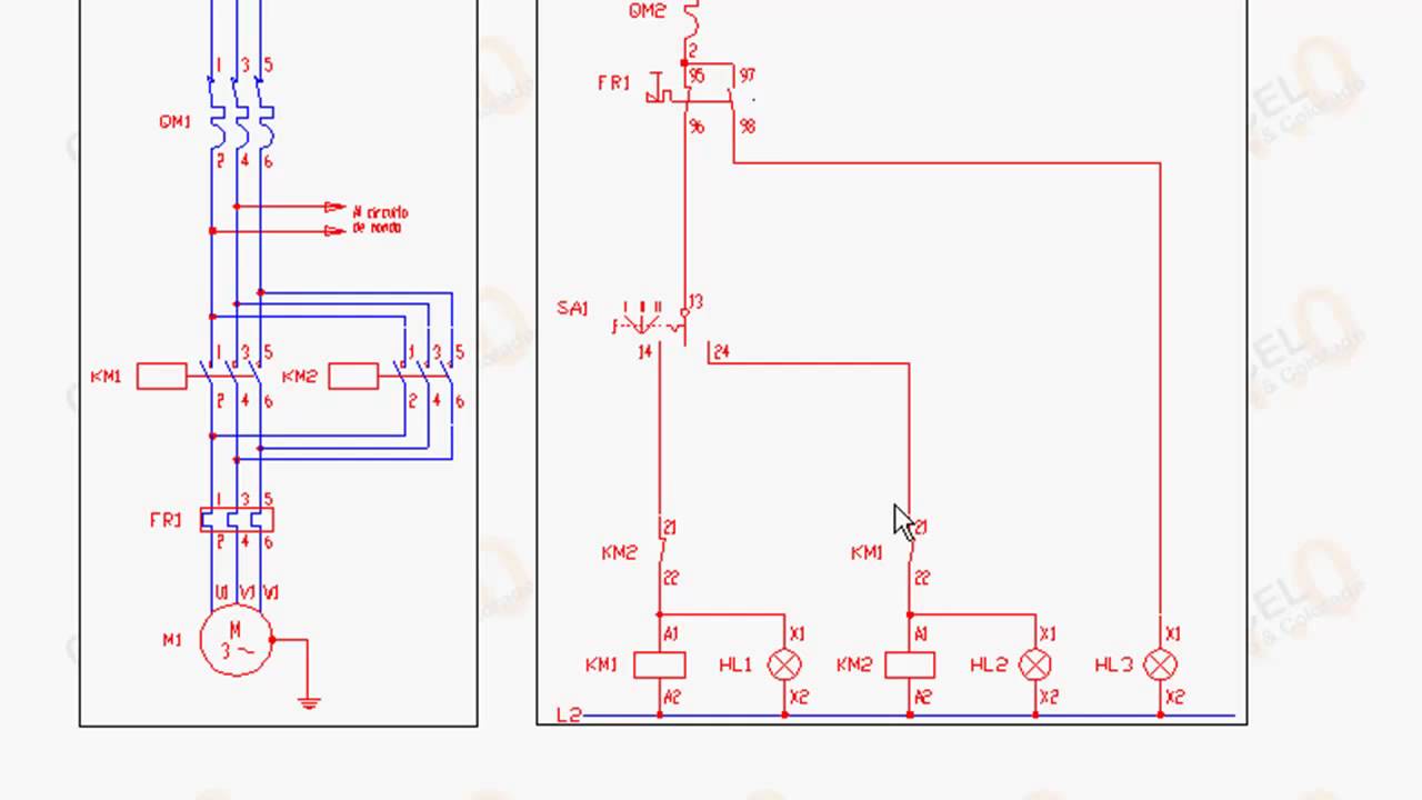 Automatismo cableado. Inversor de giro de un motor con selector de tres posiciones.