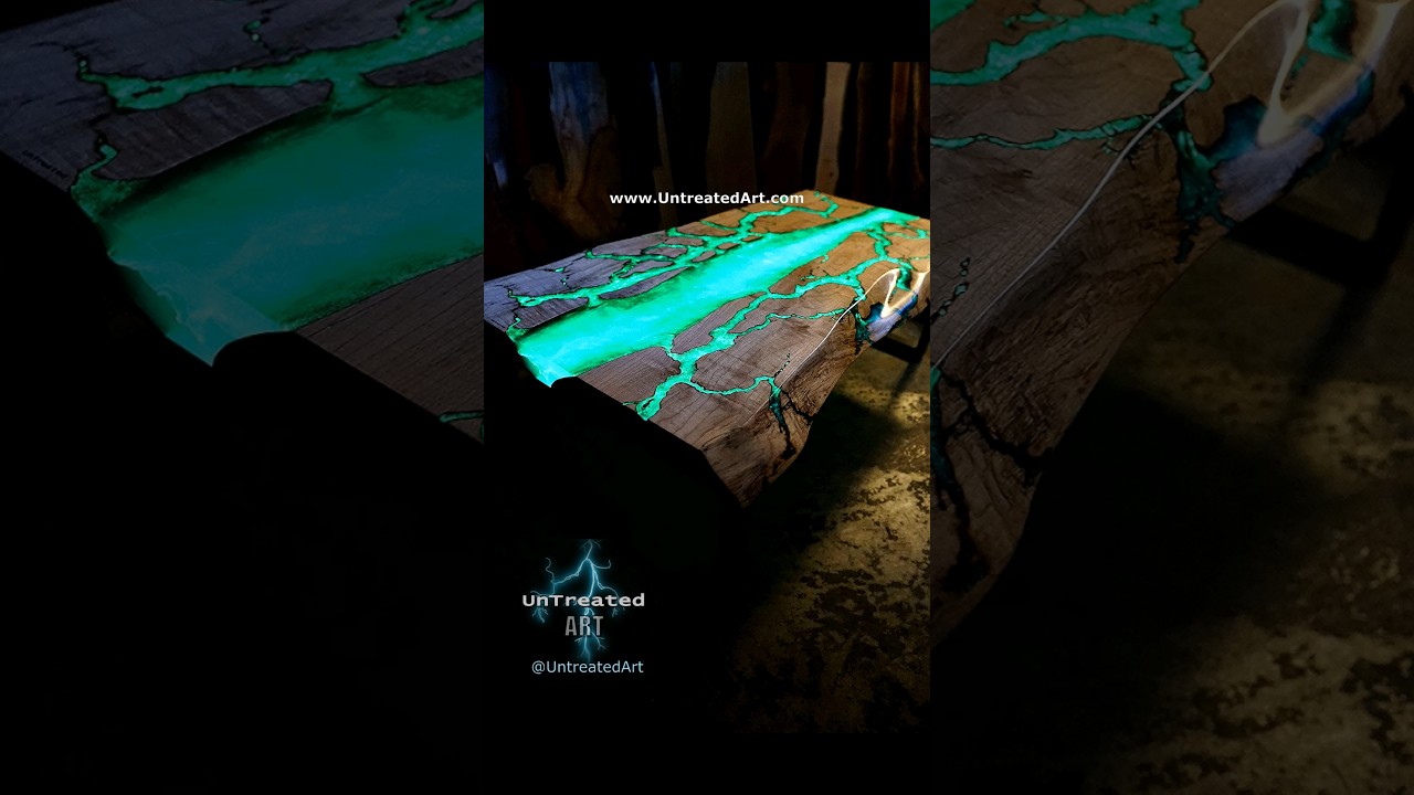 Glow in the dark Estuary table, Teal epoxy & live edge Maple #rivertable #epoxy #diyepoxy